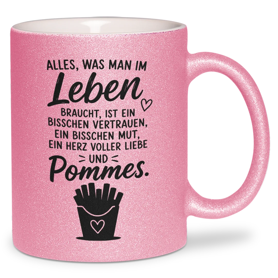 Pommes-Glitzertasse: klare Prioritäten in der Kaffeepause